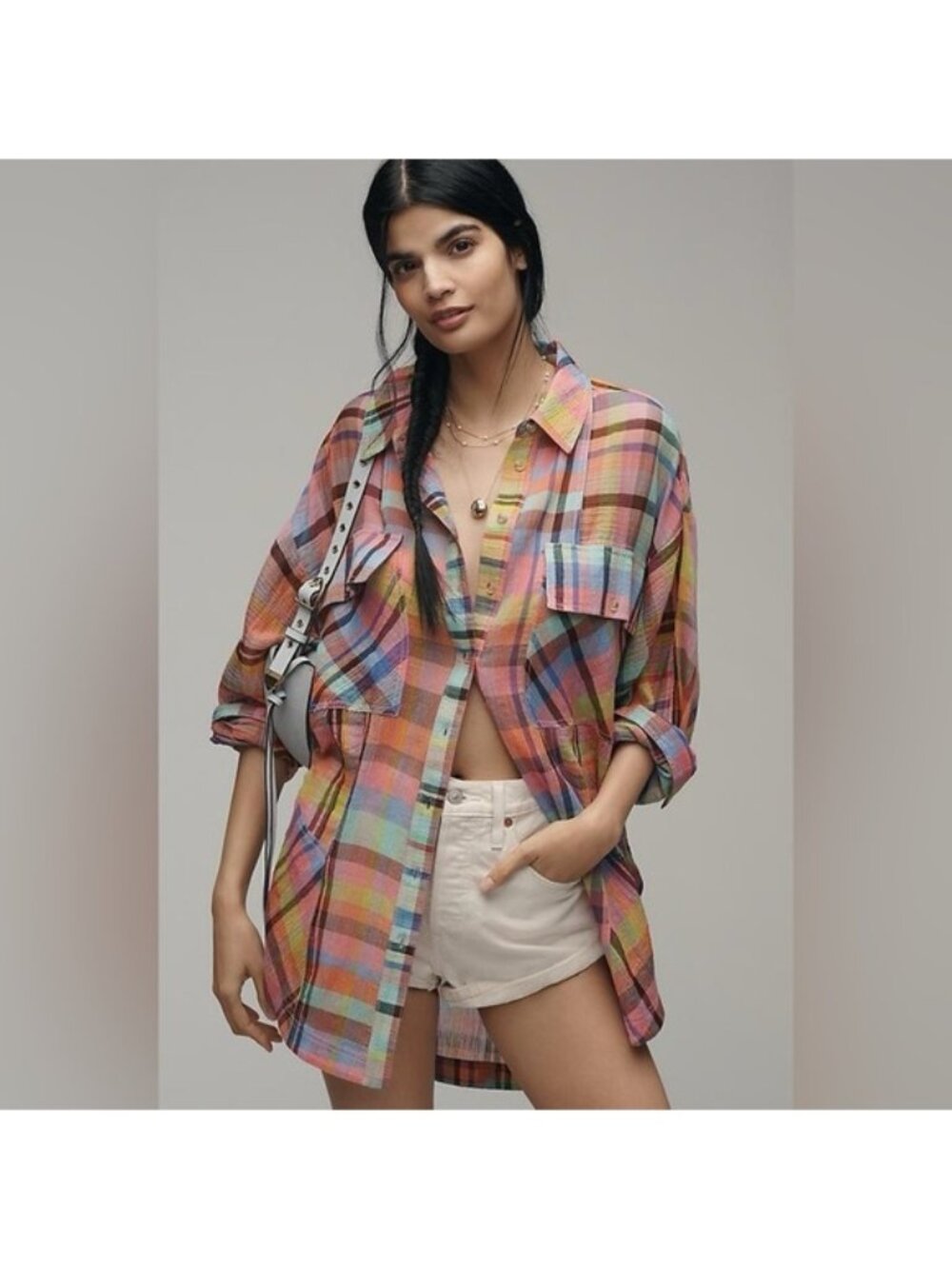 NWT Pilcro XXS/XS Long-Sleeve Mixed Madras Plaid Oversized Buttondown Shirt